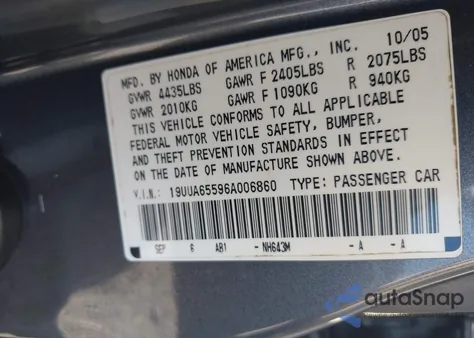 2006 Acura Tl Navigation System z USA, uszkodzony, nr VIN 19UUA65596A006860